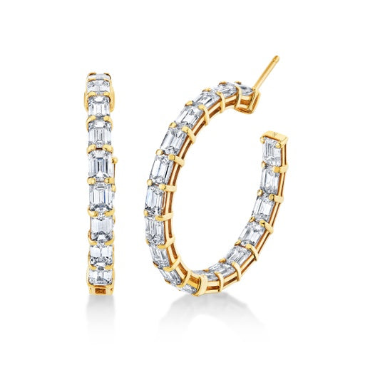 East-West Emerald Cut Diamond Hoop Earrings
