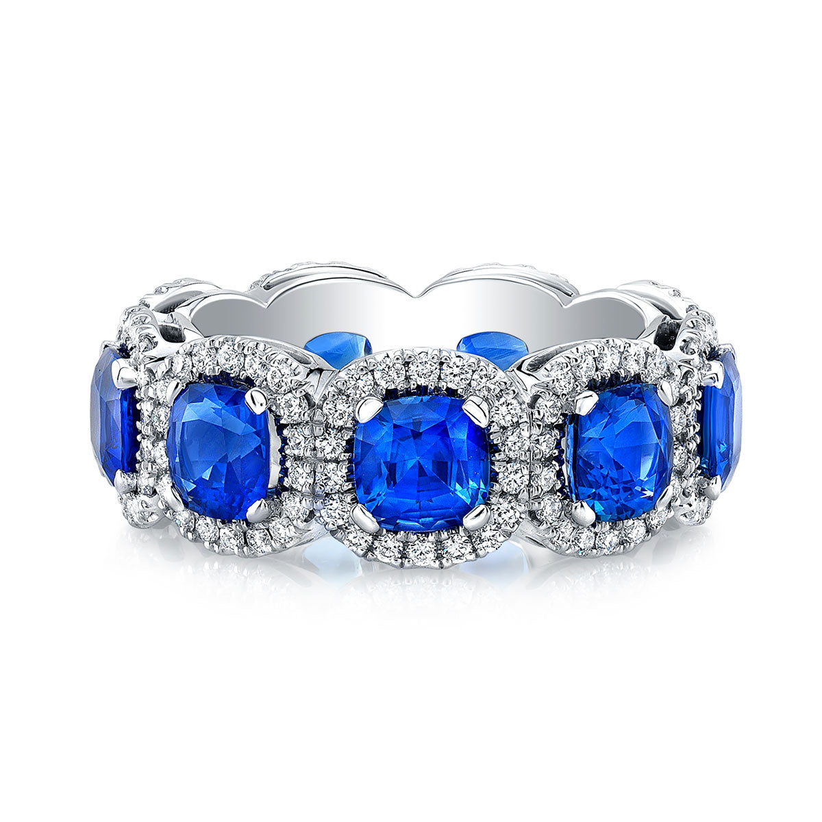 Platinum Cushion-Cut Blue Sapphires Pavé Halo Eternity Band