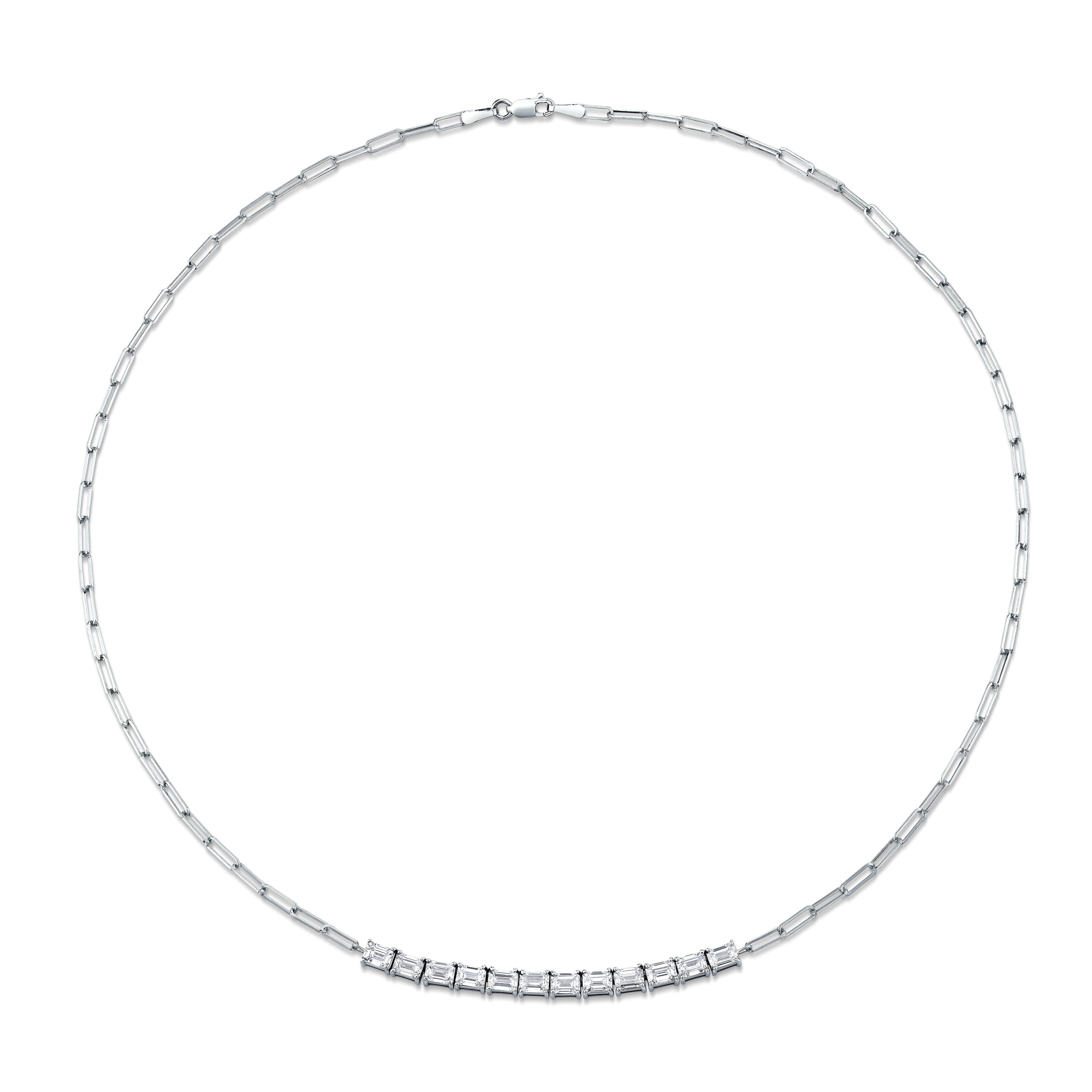 Floating East West Emerald Cut diamond Pendant on Paperclip Chain