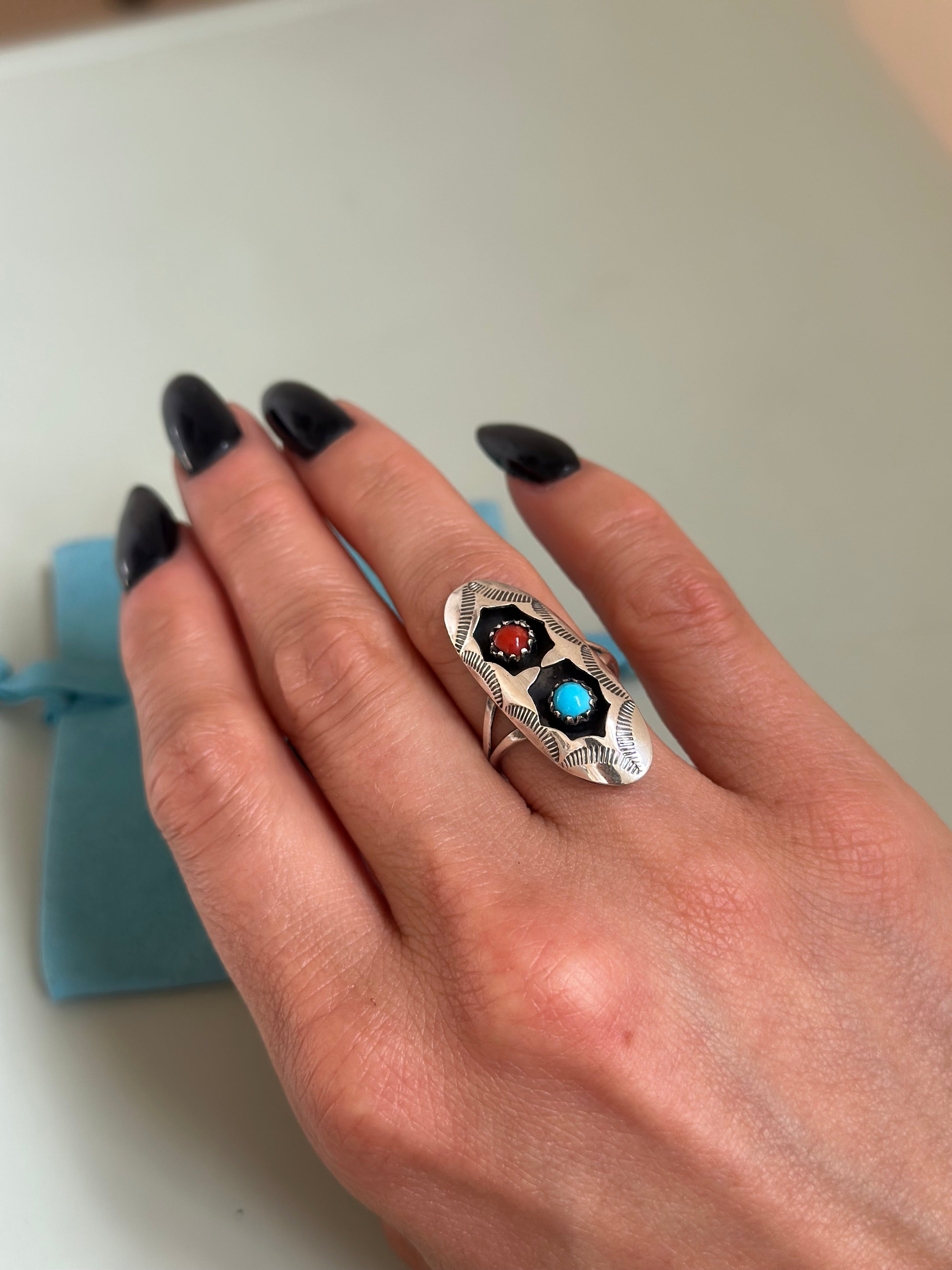 Sterling Silver Coral and Turquoise Ring