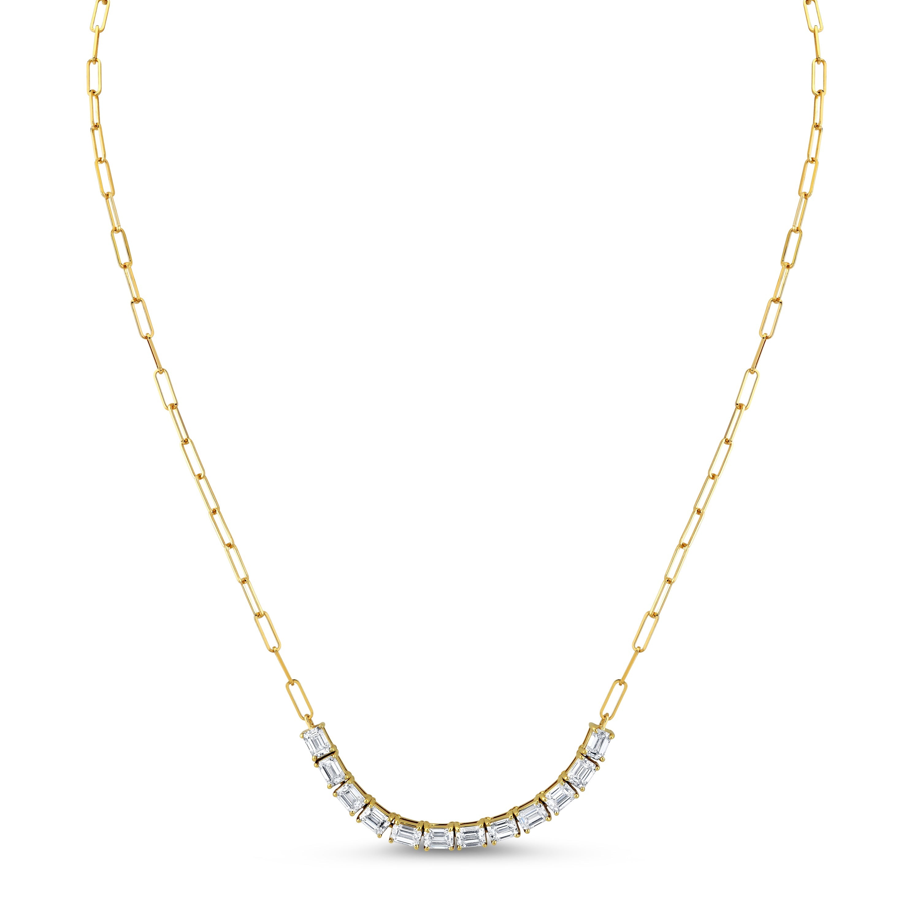Floating East West Emerald Cut diamond Pendant on Paperclip Chain