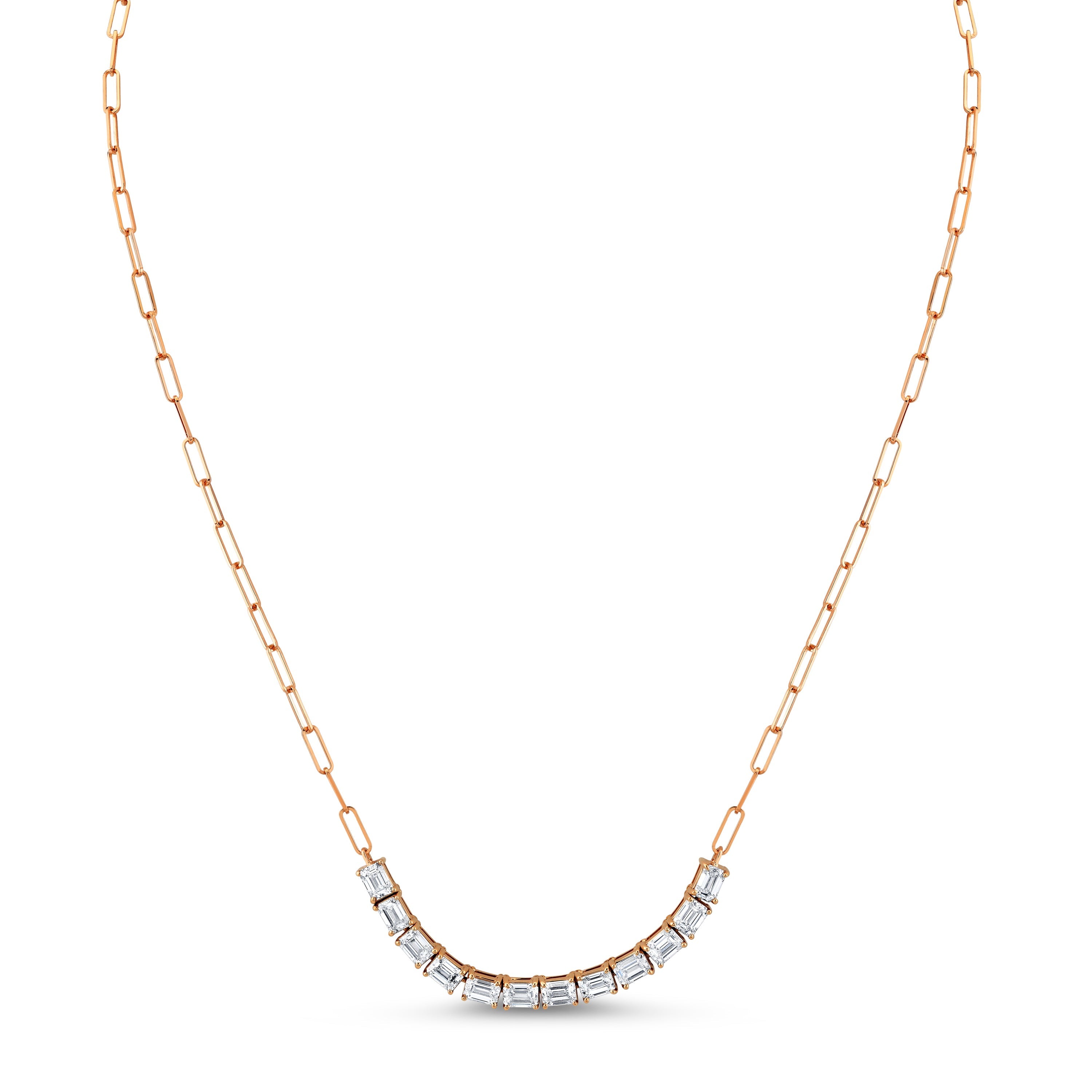 Floating East West Emerald Cut diamond Pendant on Paperclip Chain