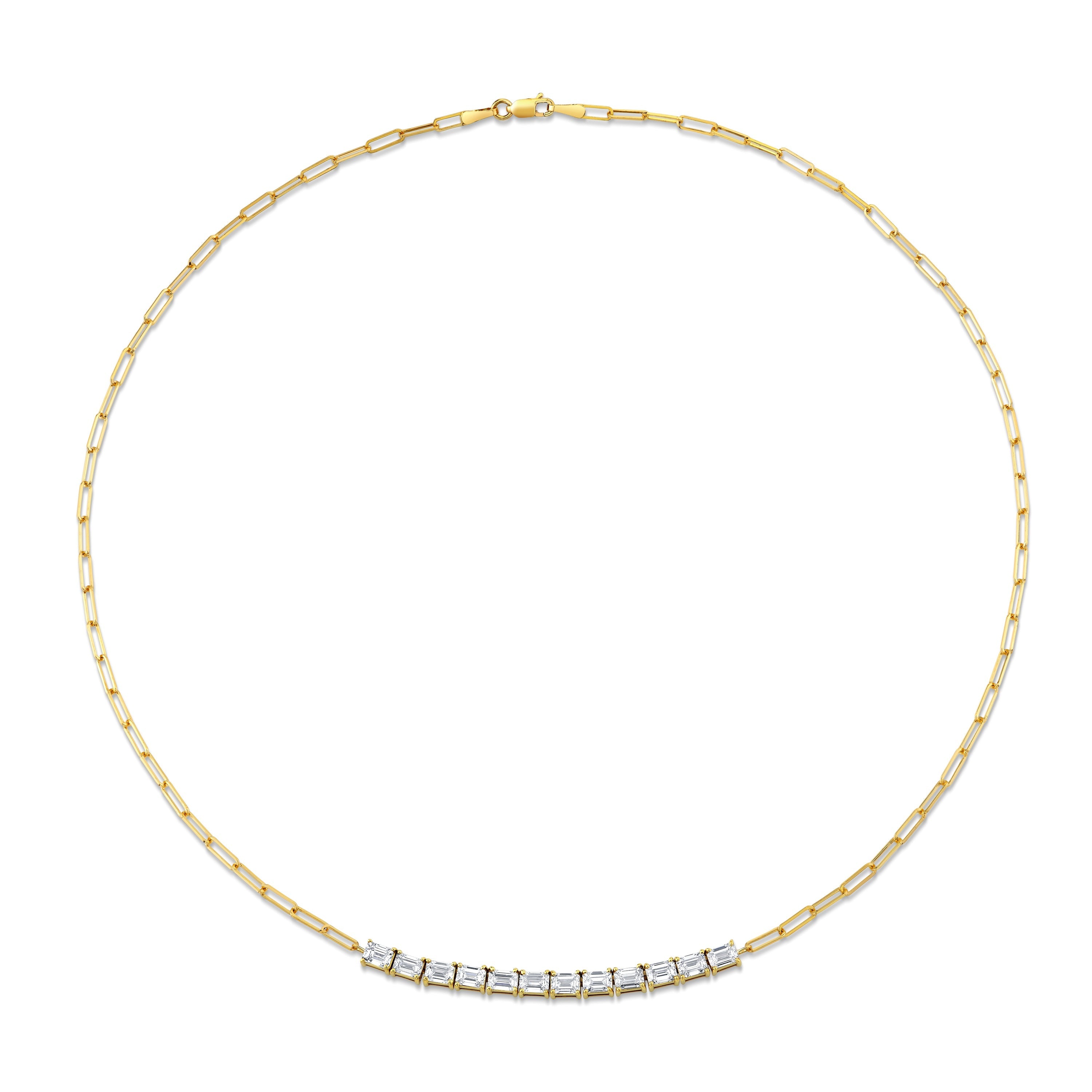 Floating East West Emerald Cut diamond Pendant on Paperclip Chain