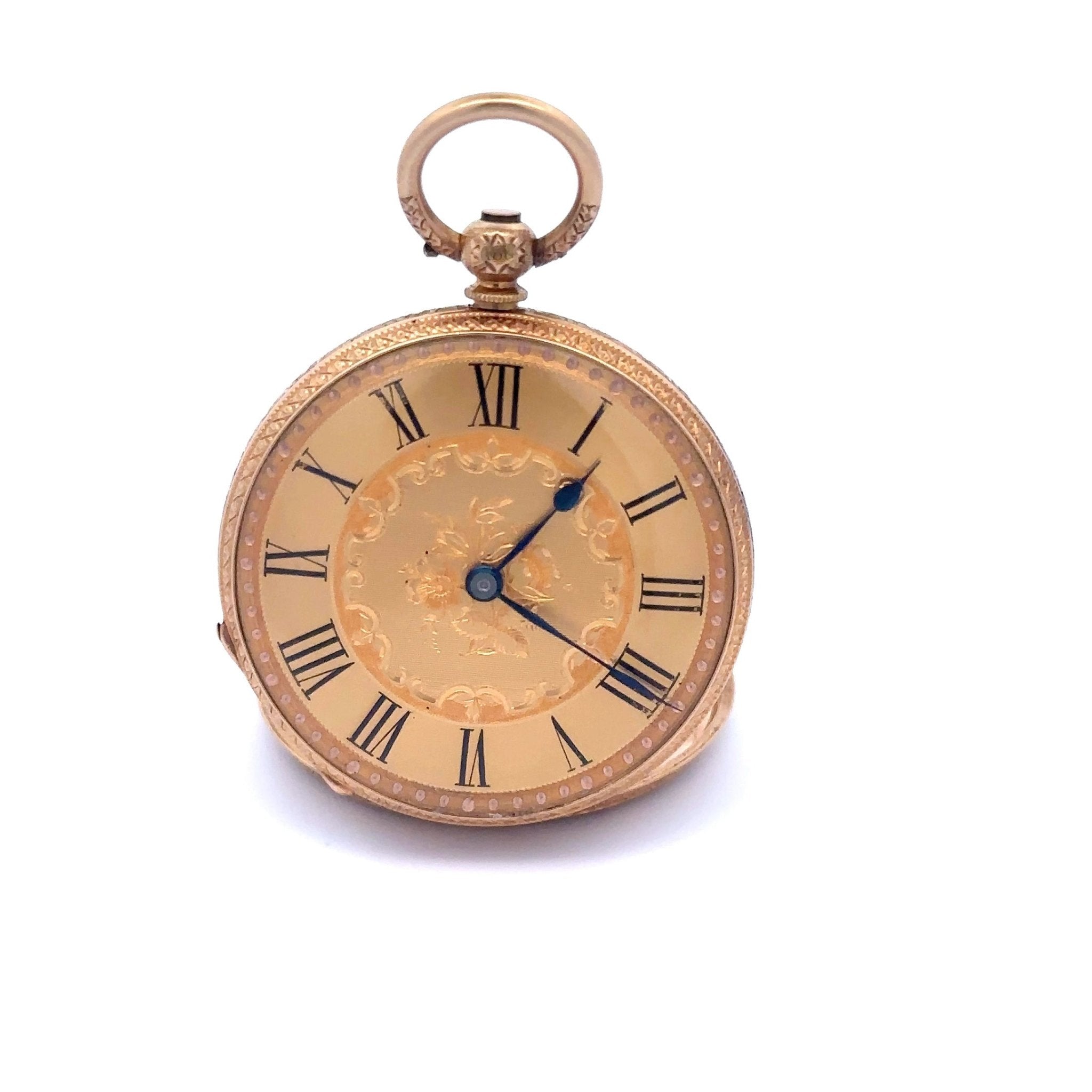 Unique 18K Hand Engraved Key Wind Pocket Watch w/ Hand Engraved Solid Gold Dial - Chapel Hills Jewelry