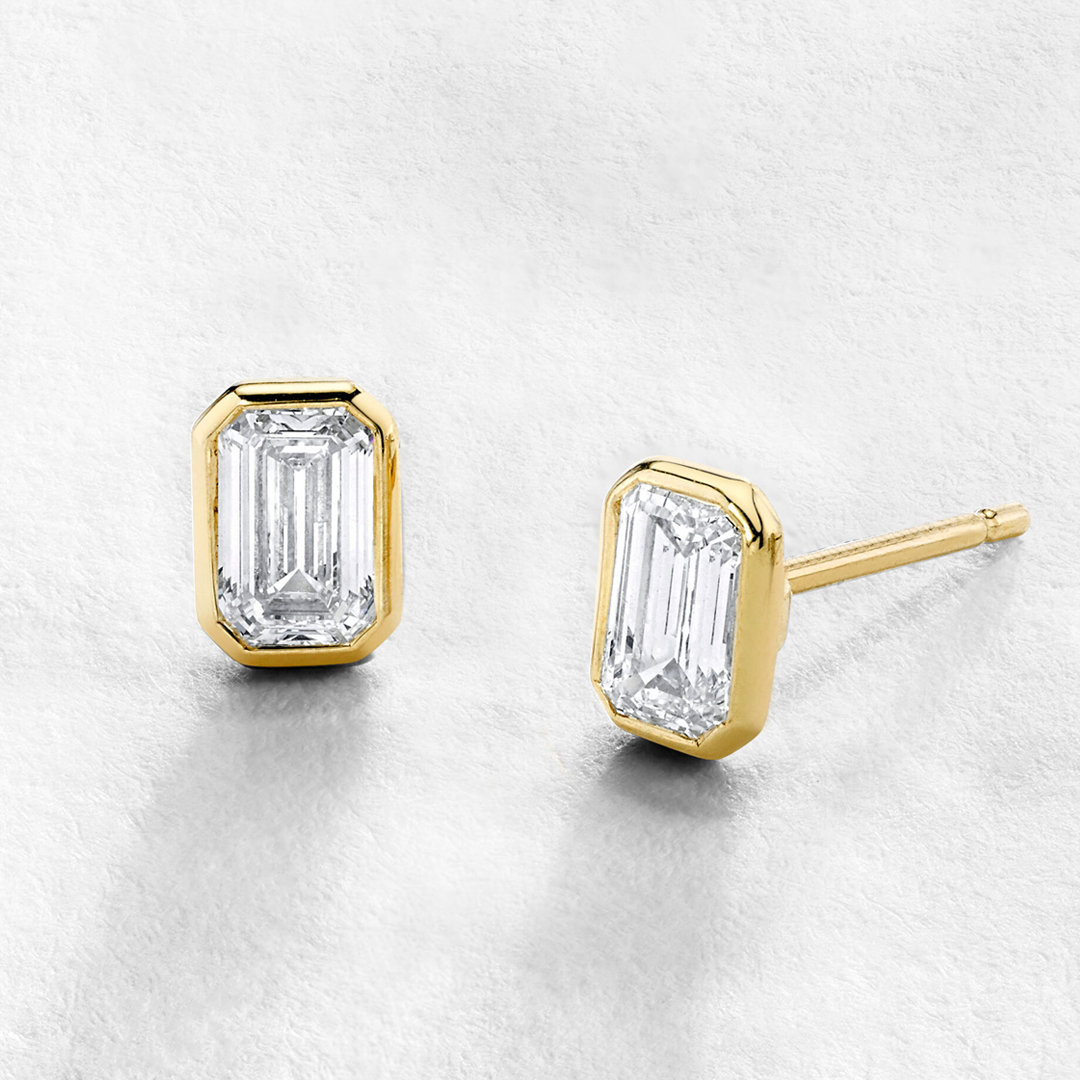 Emerald Cut Bezel Set Stud Earrings
