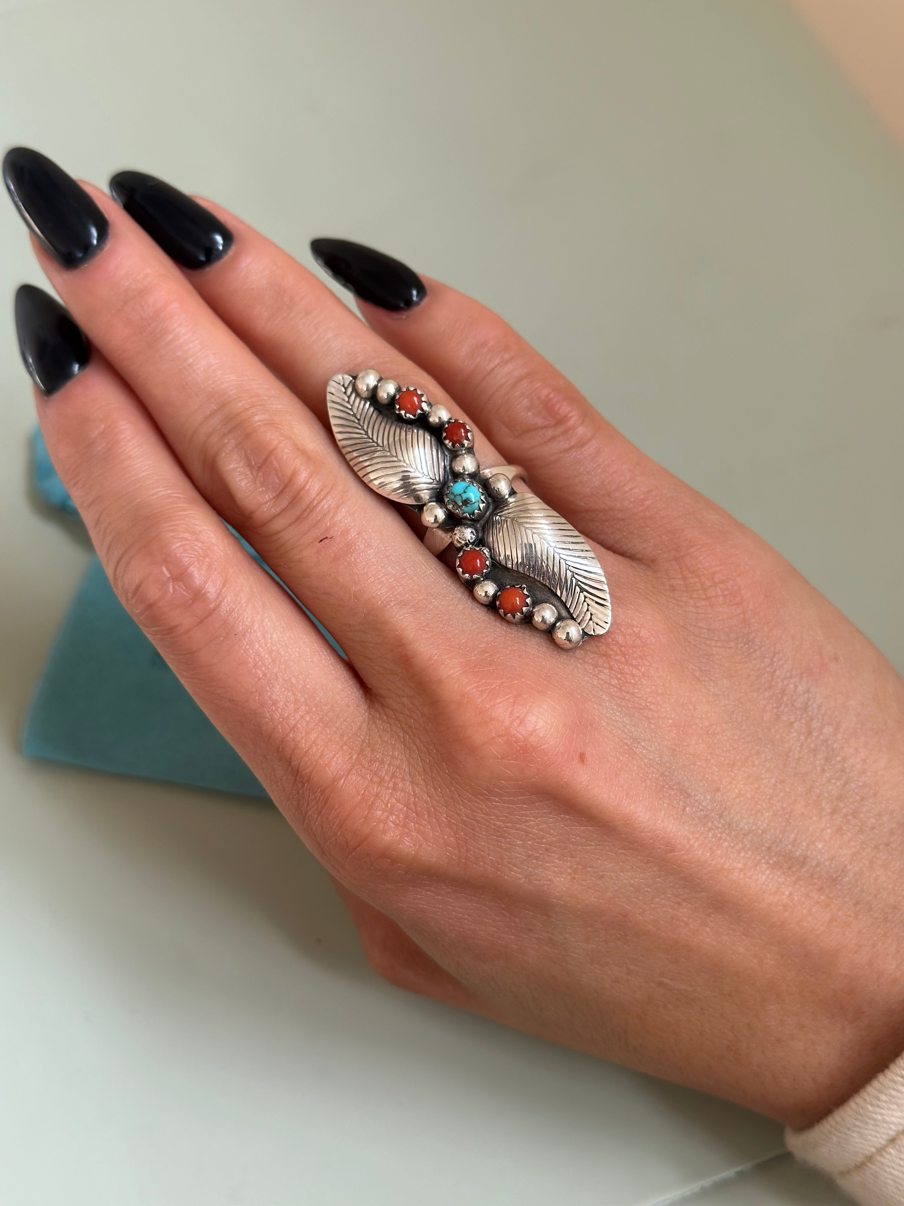Sterling Silver Coral and Turquoise Ring
