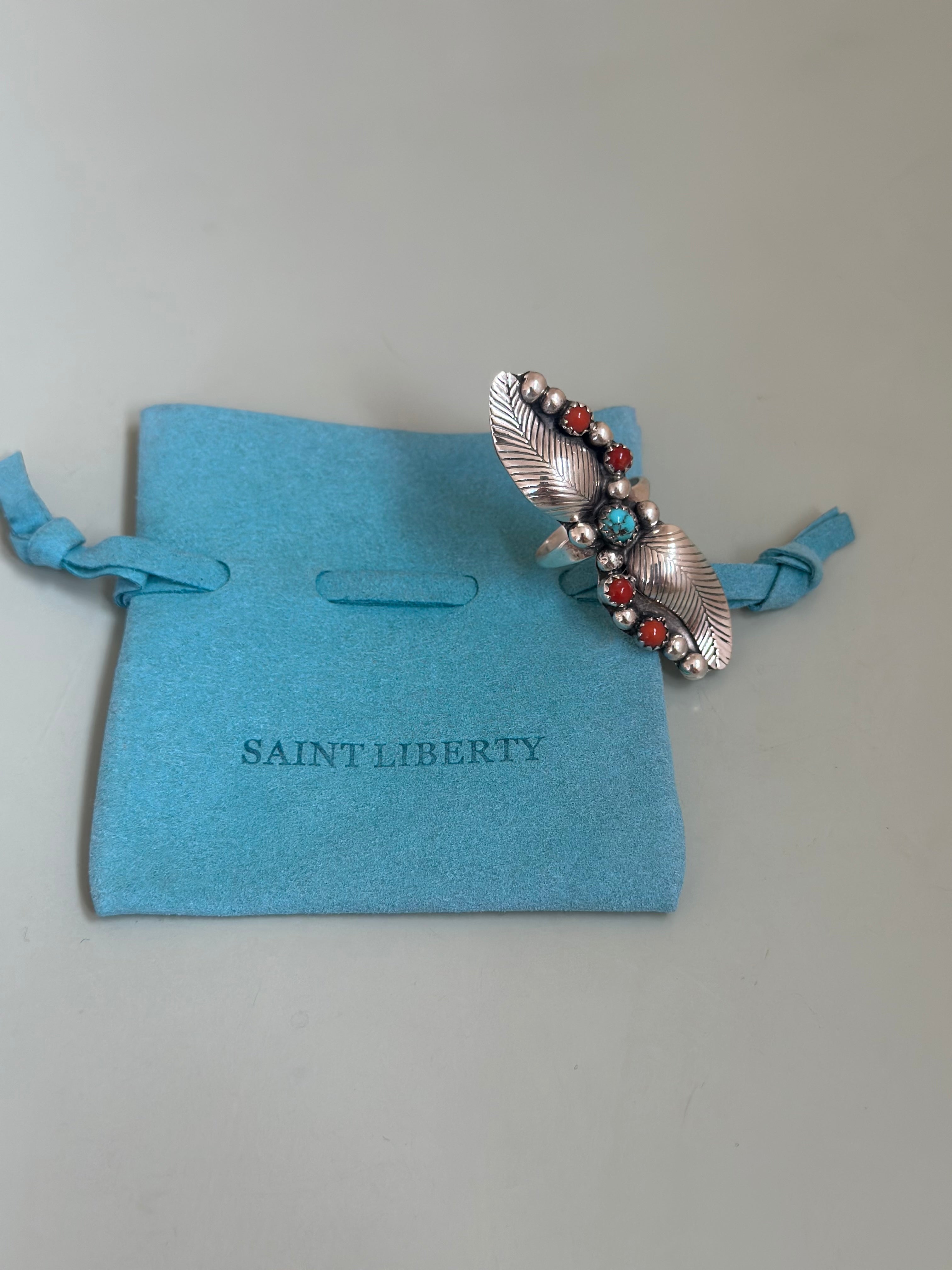 Sterling Silver Coral and Turquoise Ring