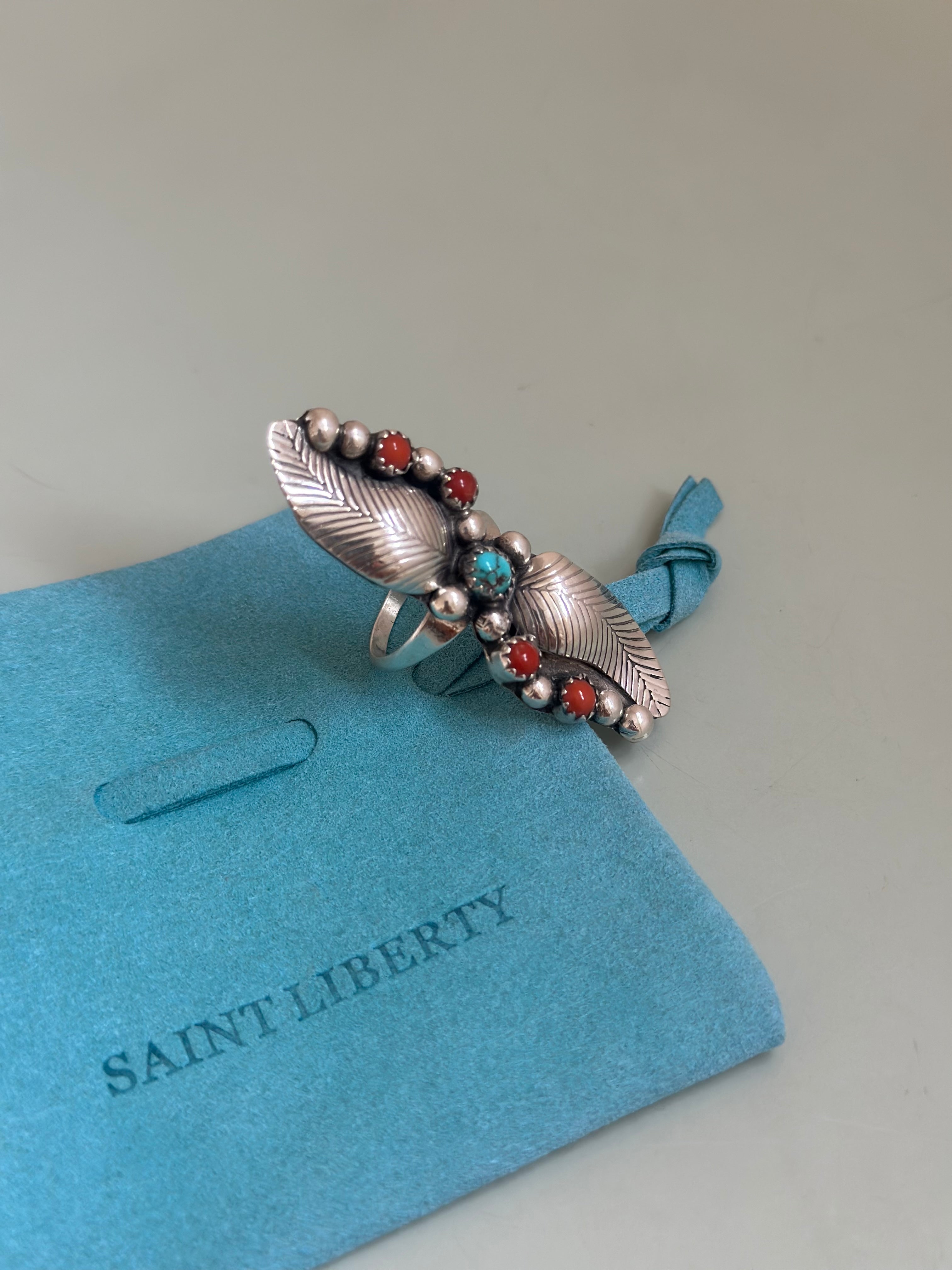 Sterling Silver Coral and Turquoise Ring