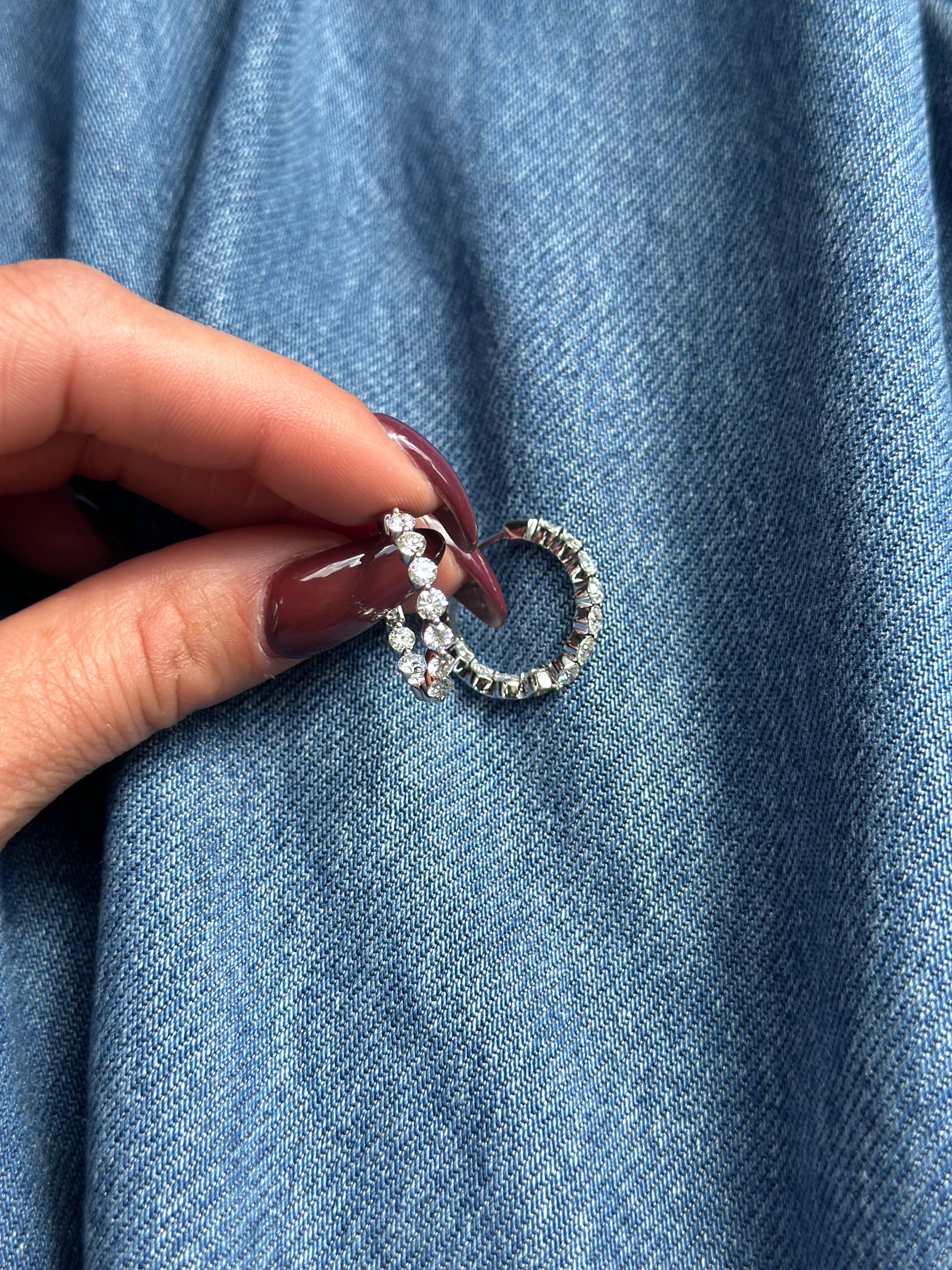 18K White Gold Diamond Inside Outside Hoops