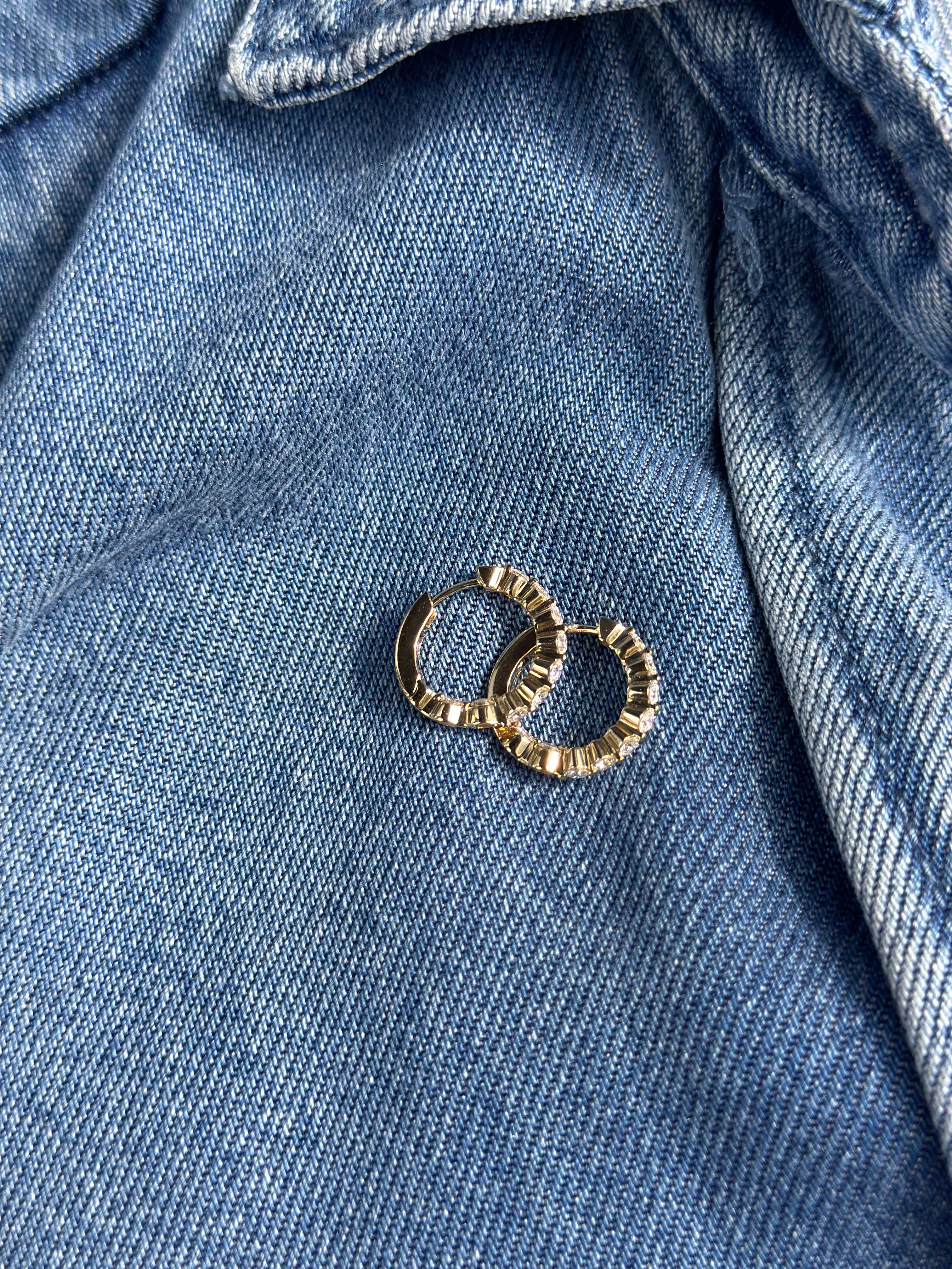 14K Yellow Gold Diamond Inside Outside Hoops