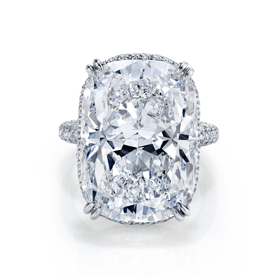 Diamond Ring With Cushion Center and Pave Shank and Hidden Halo