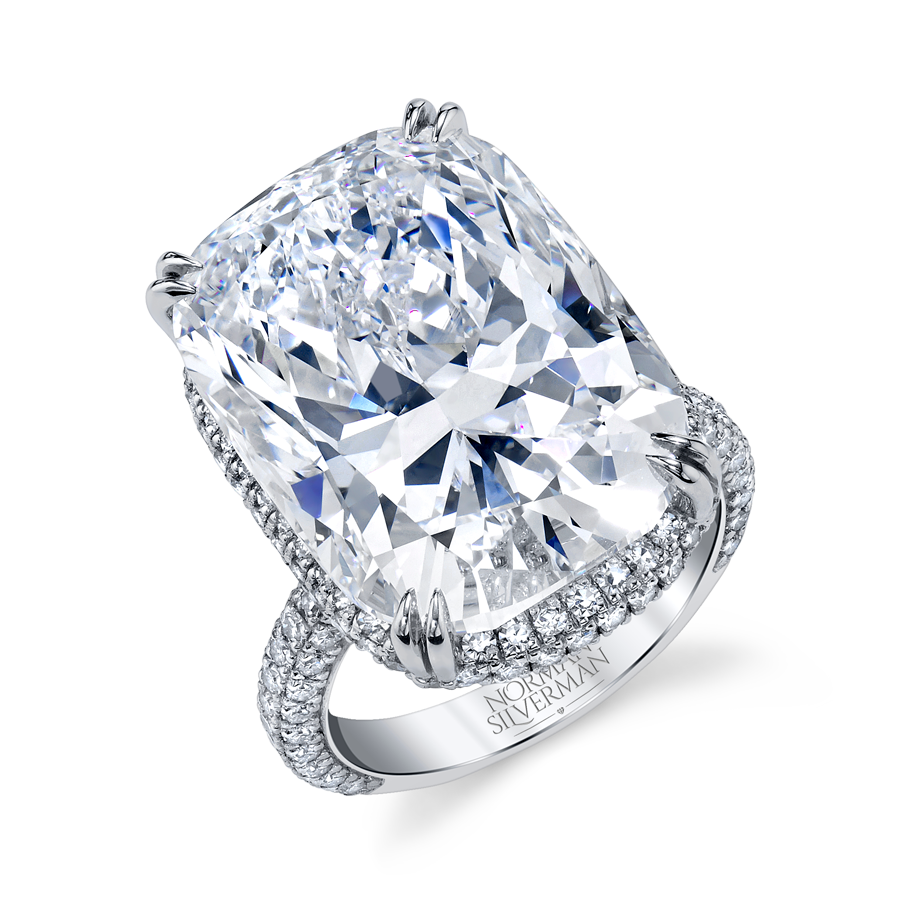 Diamond Ring With Cushion Center and Pave Shank and Hidden Halo